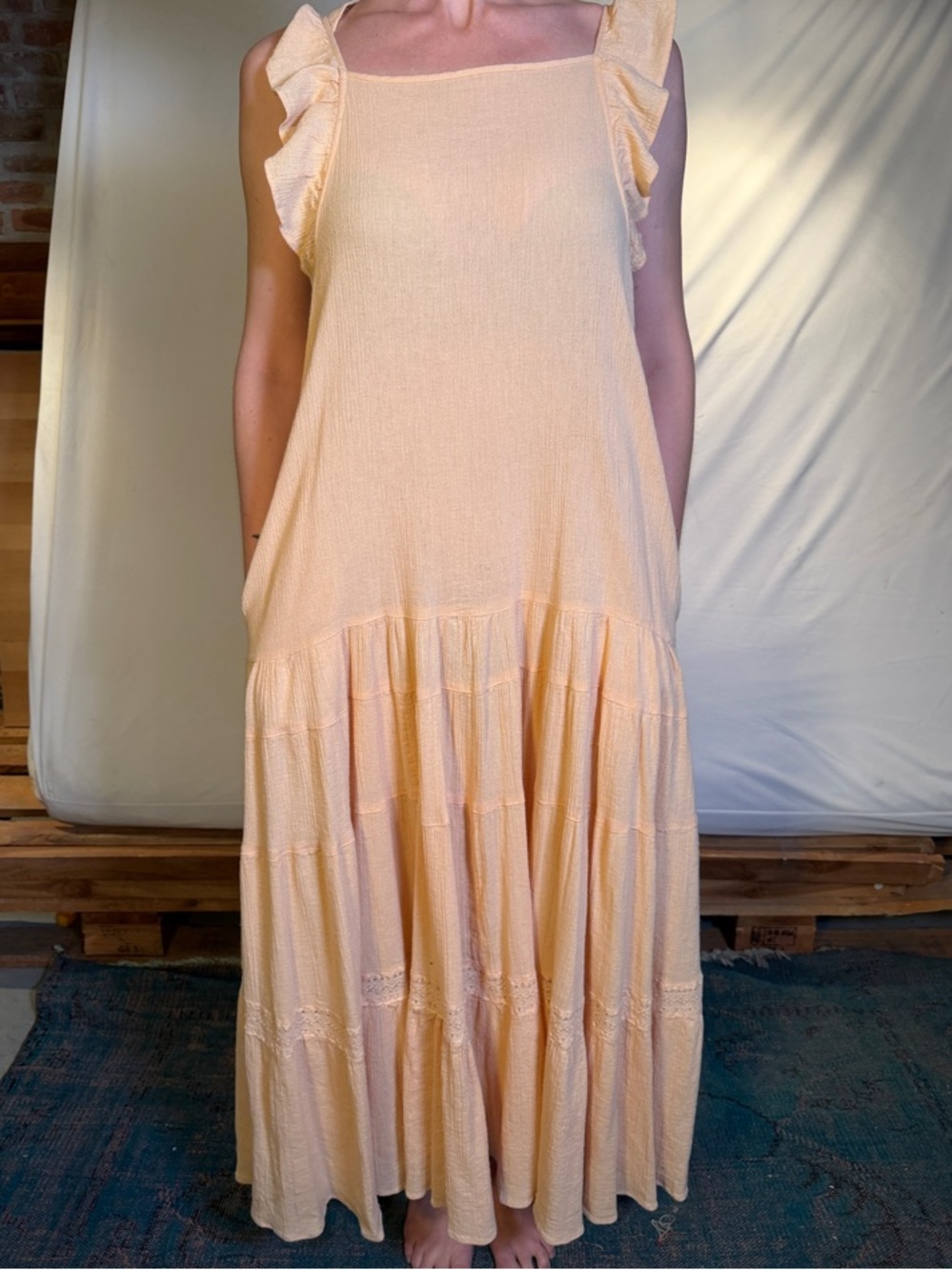 Free People Peach Ruffle-Shoulder Maxi Dress